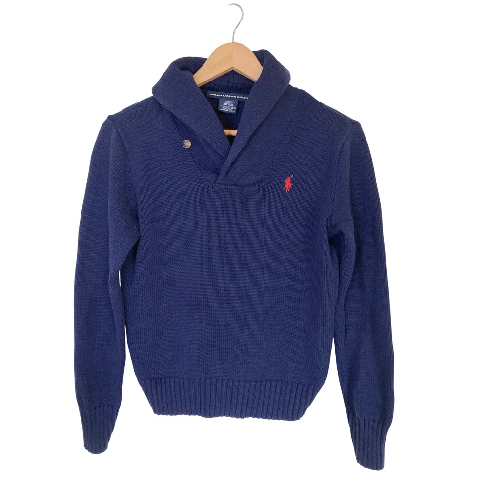 Ralph Lauren Youth Navy Blue Cotton Shawl Collar Sweater Red Pony Logo Large